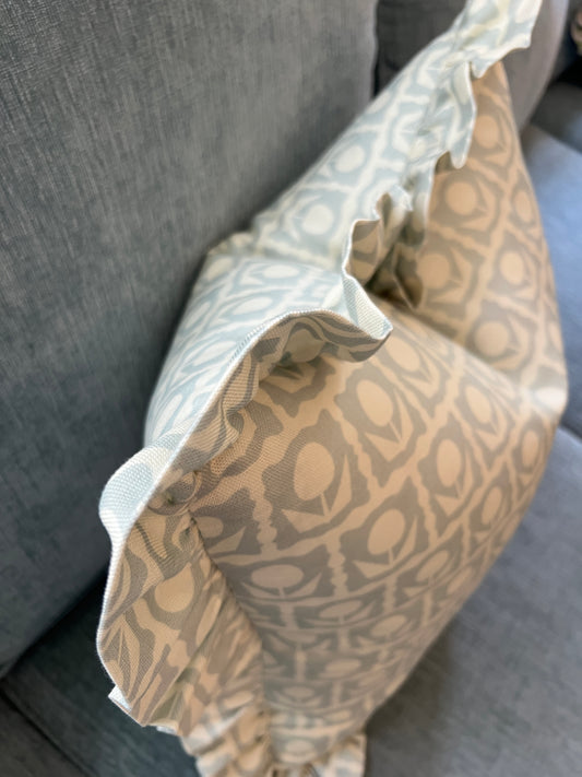 "Oh Happy Day" in blue Ruffle Edge Pillow Cover
