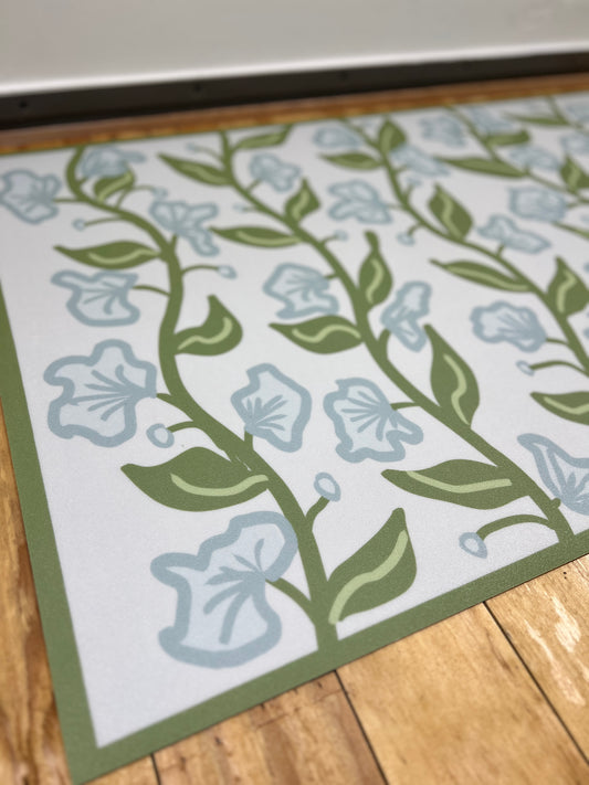 "Summer Vine" in blue/green Cottage Floral Vinyl Mat- 24"x36"