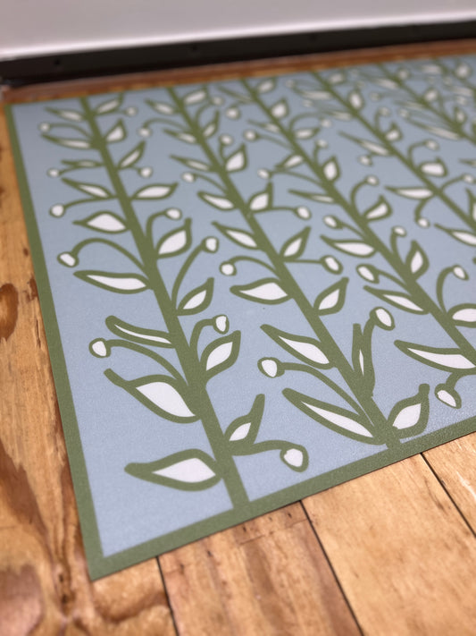"Whoville" in Blue Green Fun Floral Vine Vinyl Mat- 24"x36"