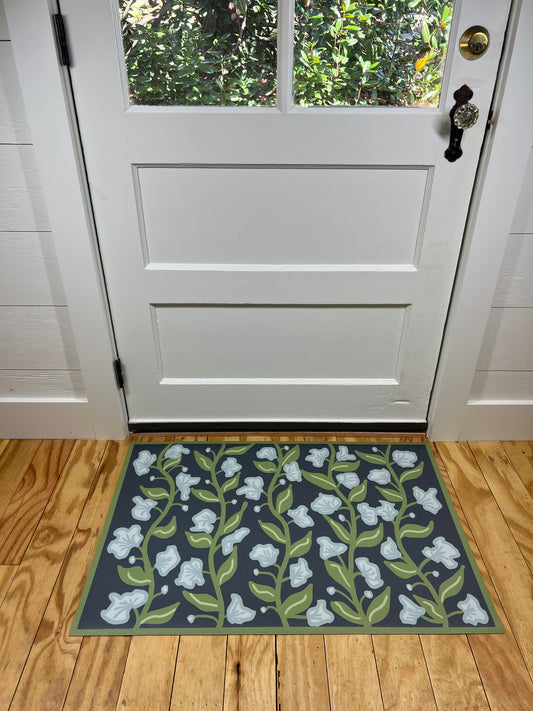 "Summer Vine" in Navy Cottage Floral Vinyl Mat- 24"x36"