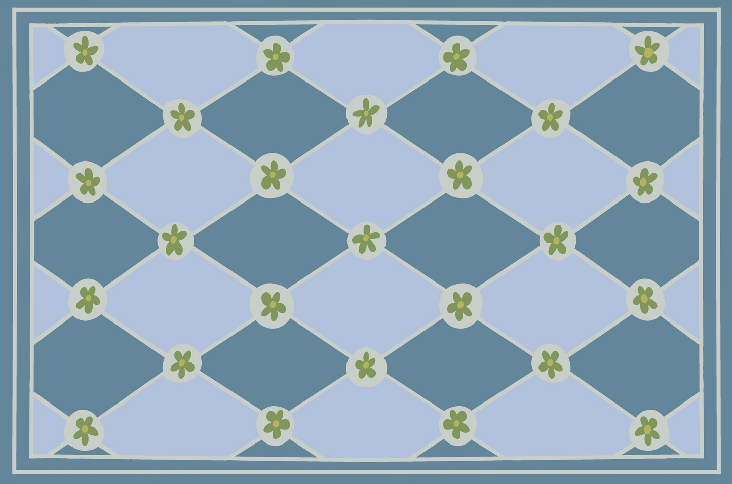 "Hopscotch & Daisies" Blue on Violet Blue Checkerboard Cottage Floral Vinyl Floor Mat - 24"x36"