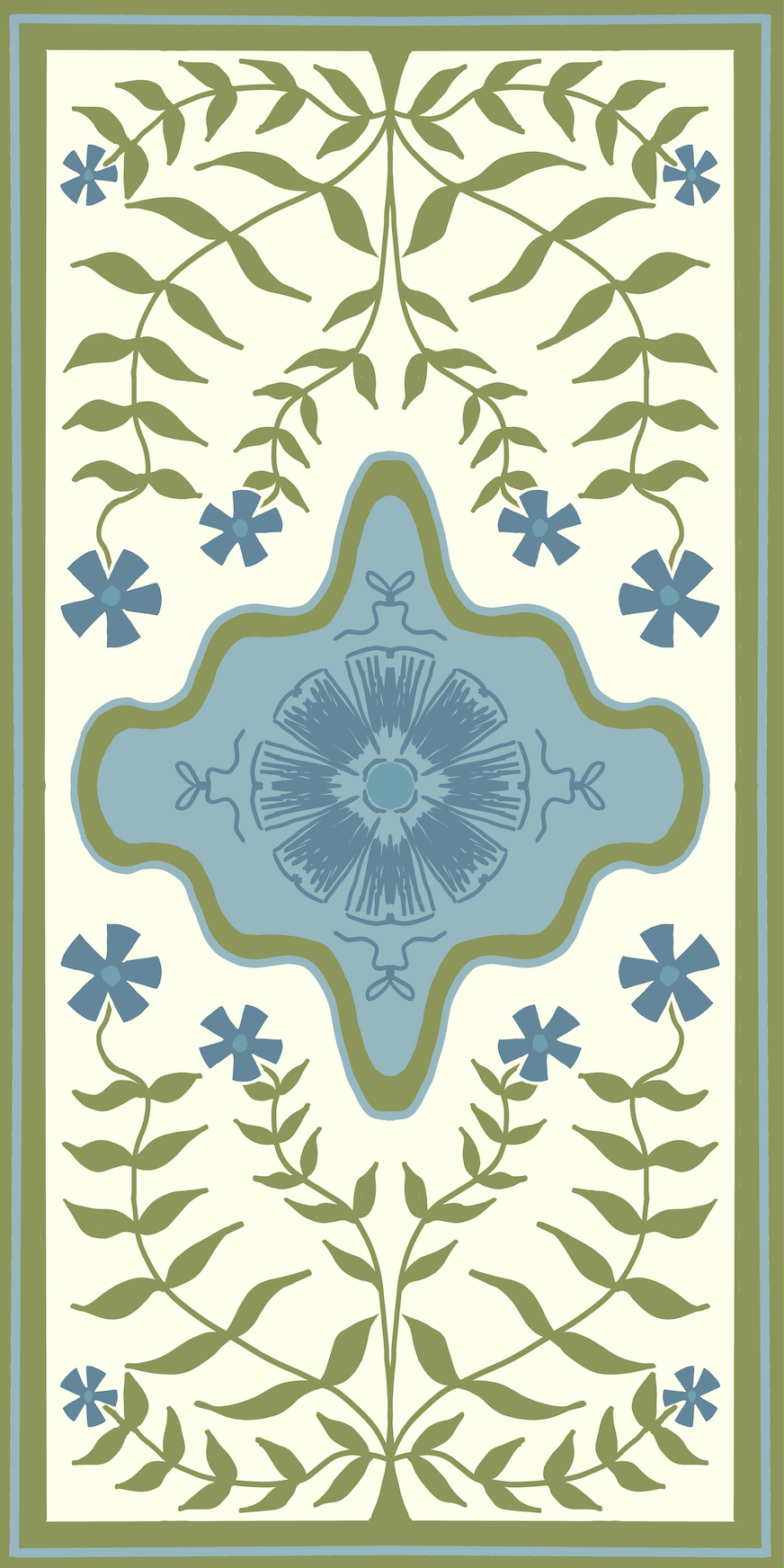 modern floral oushak in blue green and cream colors. designer vinyl runner floor mat