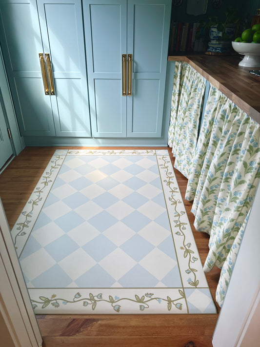"Floral Diamonds" Checkerboard Cottage Floral Vinyl Floor Mat - 60"x84"