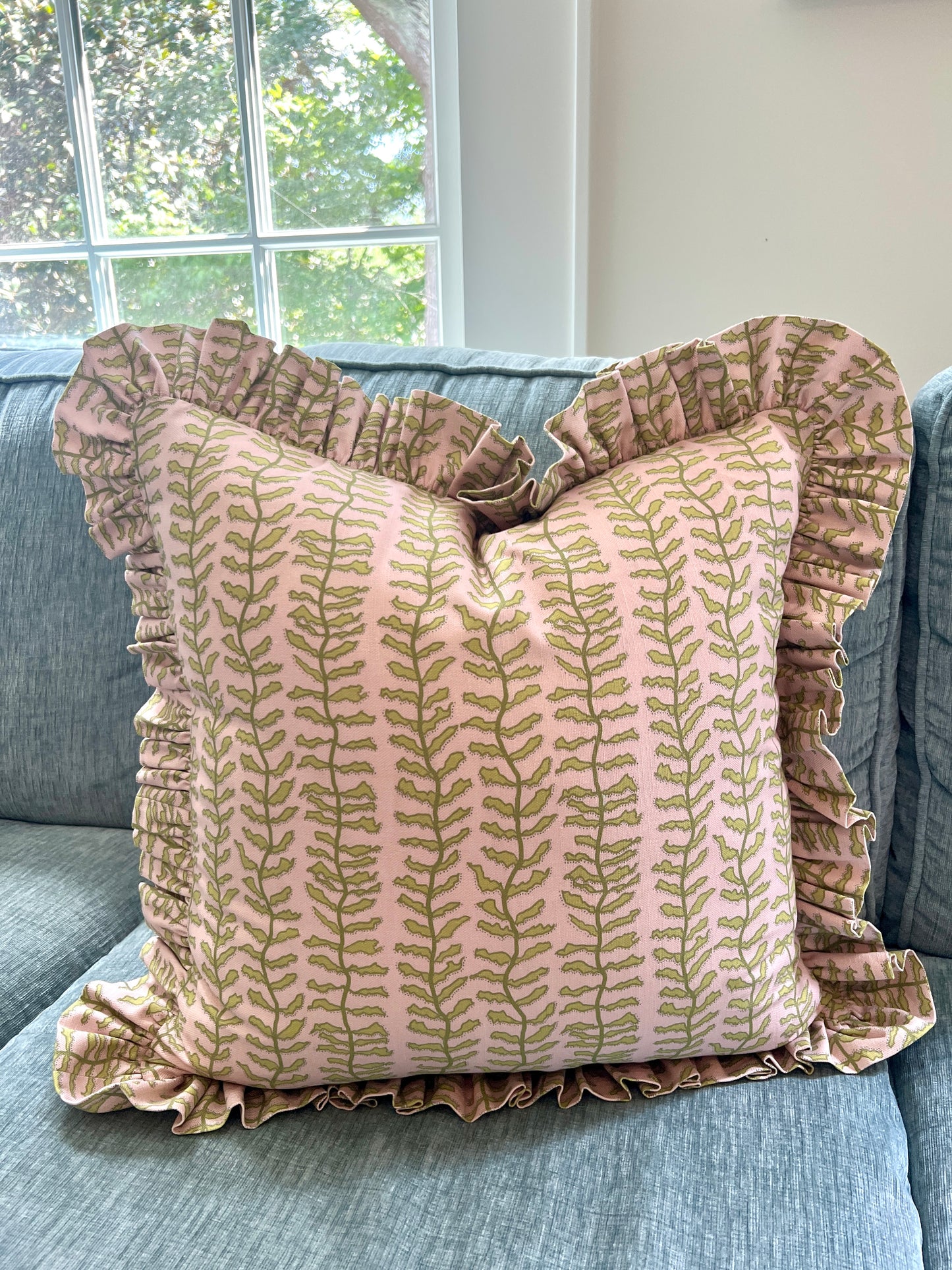 "Kelp Forest" in pink Ruffle Edge Pillow Cover