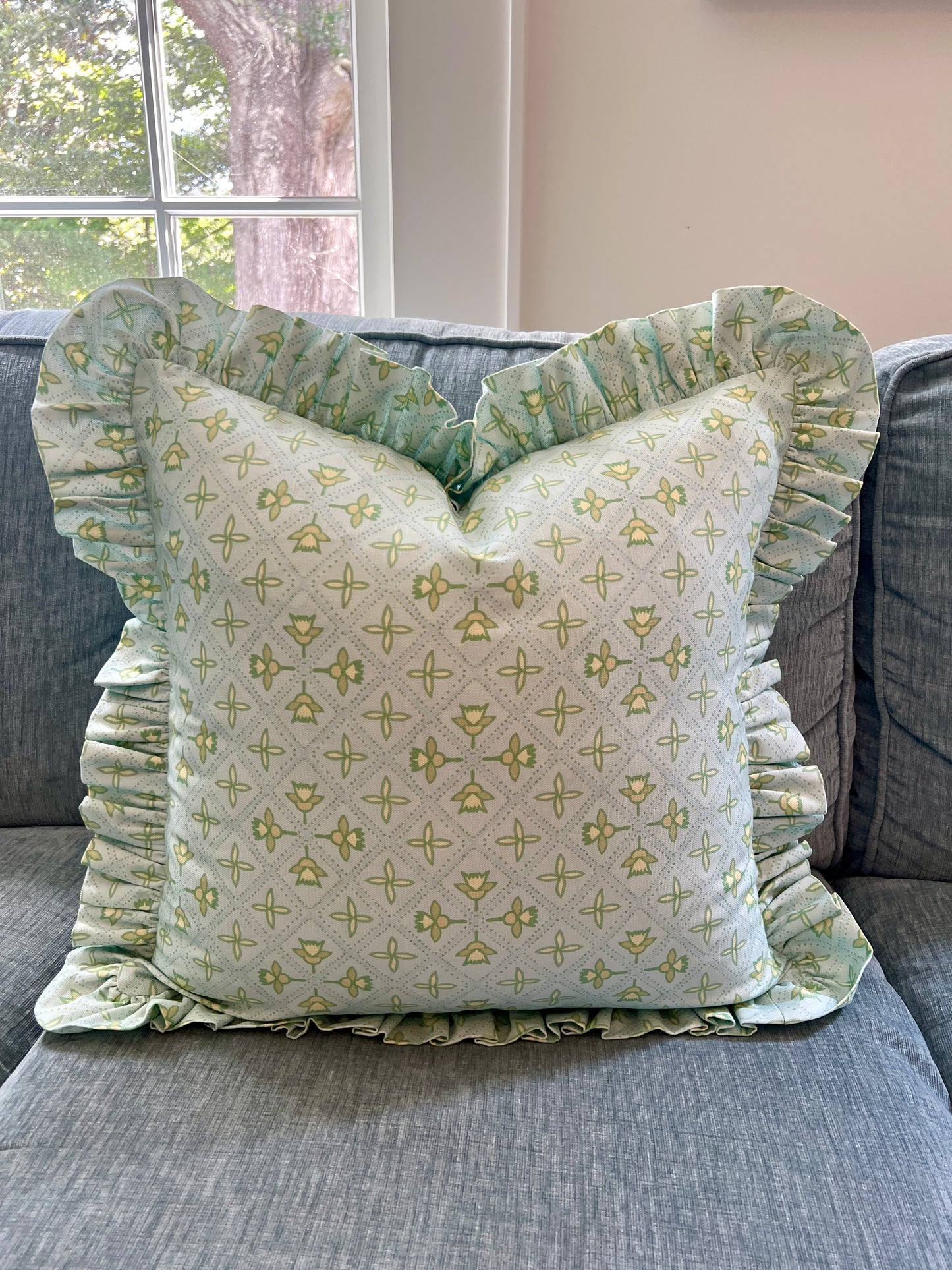 "Fairhope" in pale aqua Ruffle Edge Pillow Cover