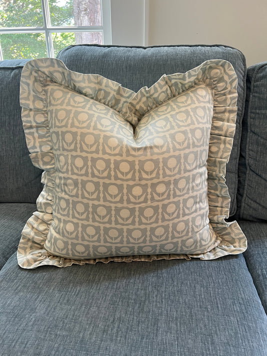 "Oh Happy Day" in blue Ruffle Edge Pillow Cover