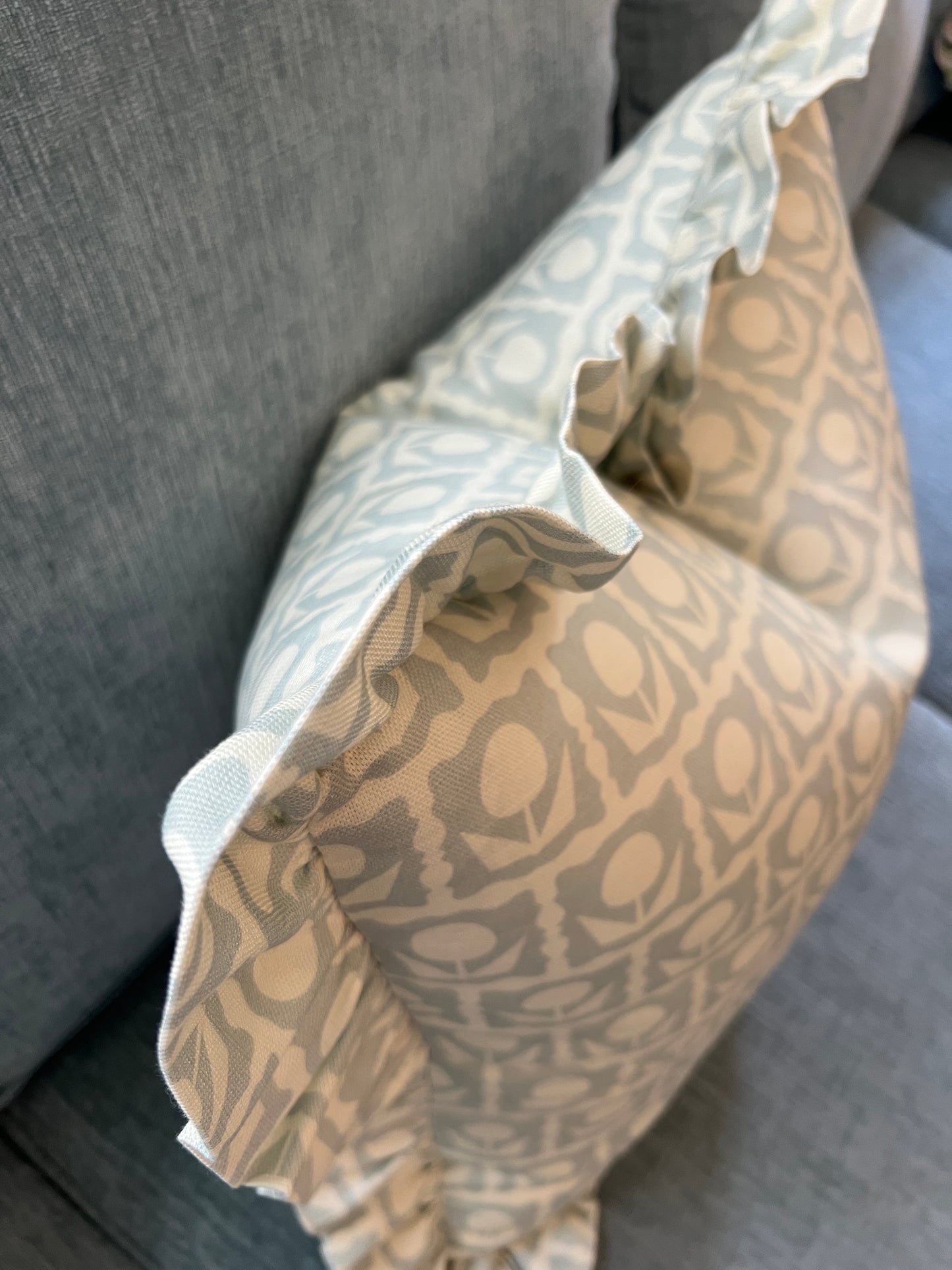 "Oh Happy Day" in blue Ruffle Edge Pillow Cover