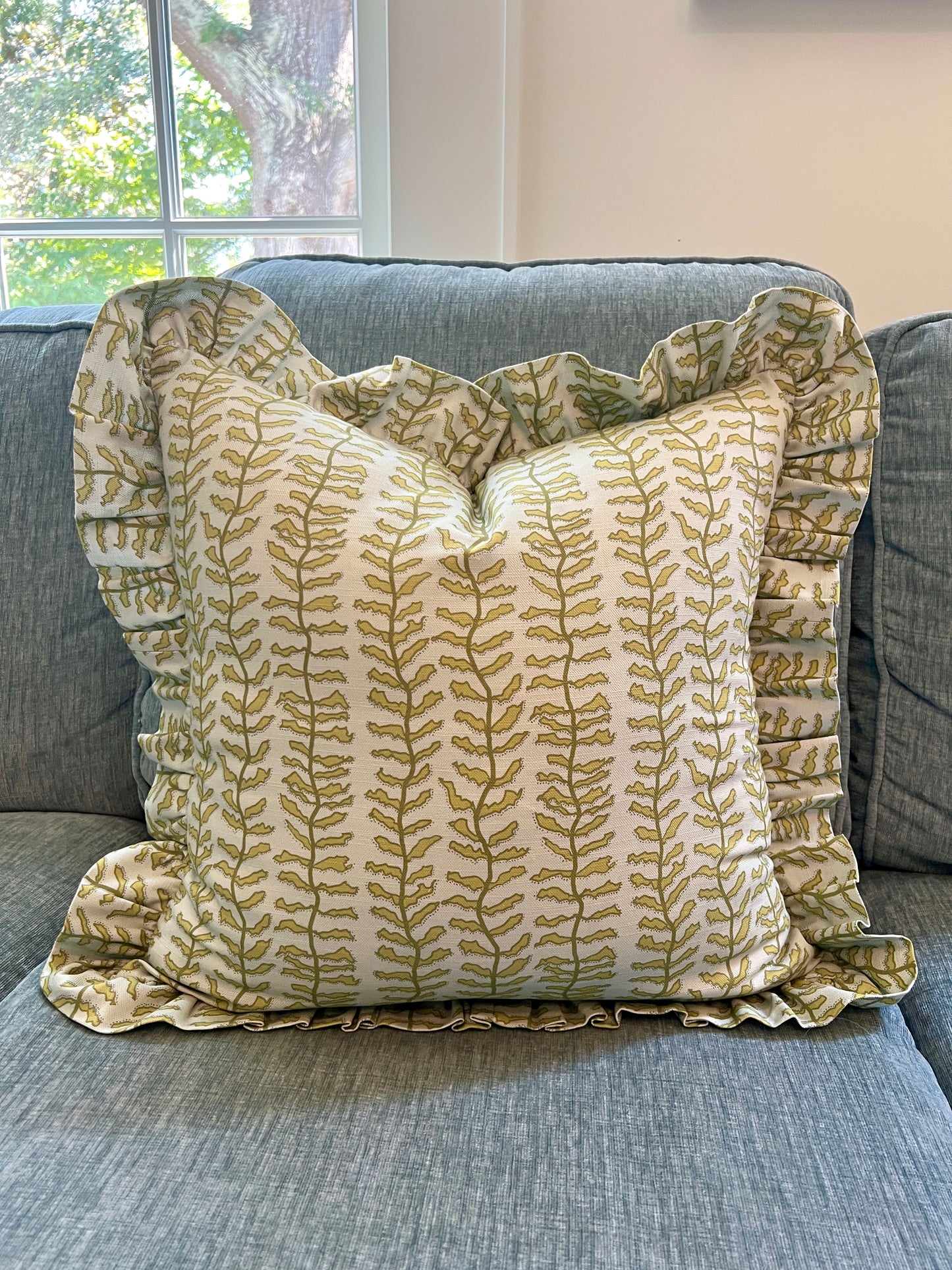 "Kelp Forest" in blue Ruffle Edge Pillow Cover