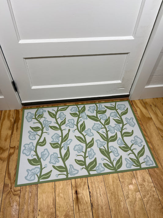 "Summer Vine" in blue/green Cottage Floral Vinyl Mat- 24"x36"