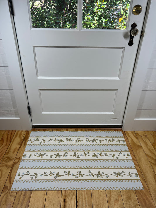 "Ziggy Floral" in blue Cottage Floral Vinyl Mat- 24"x36"