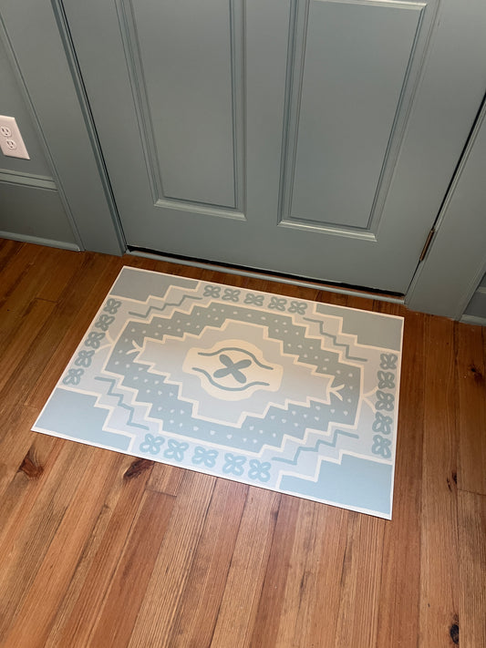 "Step It Up" Blue & White Coastal Cottage Vinyl Floor Mat - 24"x36"