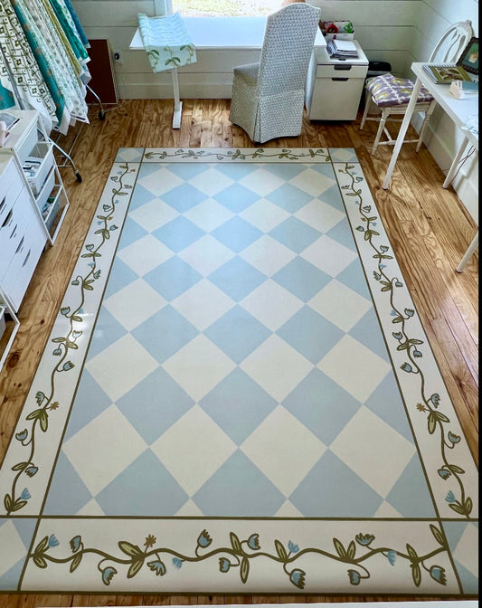 "Floral Diamonds" Checkerboard Cottage Floral Vinyl Floor Mat - 84" x 132"