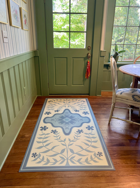 "Mary Katherine" in Blue & Off White Modern Oushak Vinyl Runner 36"x72"